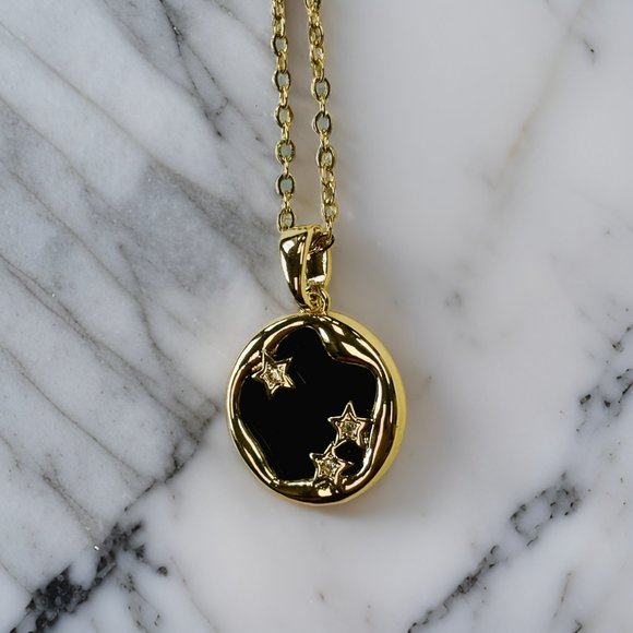 Gold Round Black Jade Three Stars Pendant Necklace - Picture 11 of 14